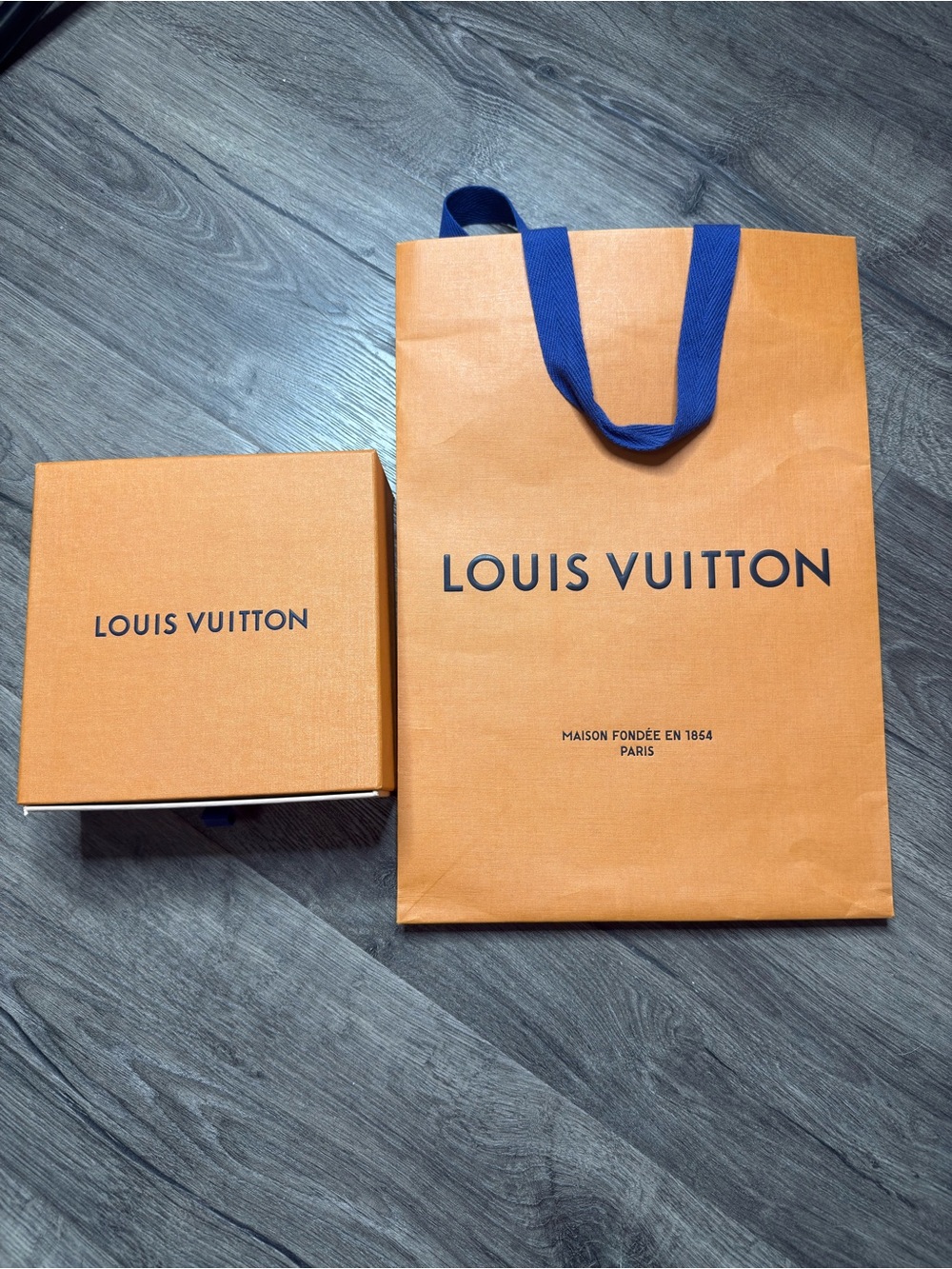 Louis Vuitton Orange Shopping Bag and Box with Blue Handles